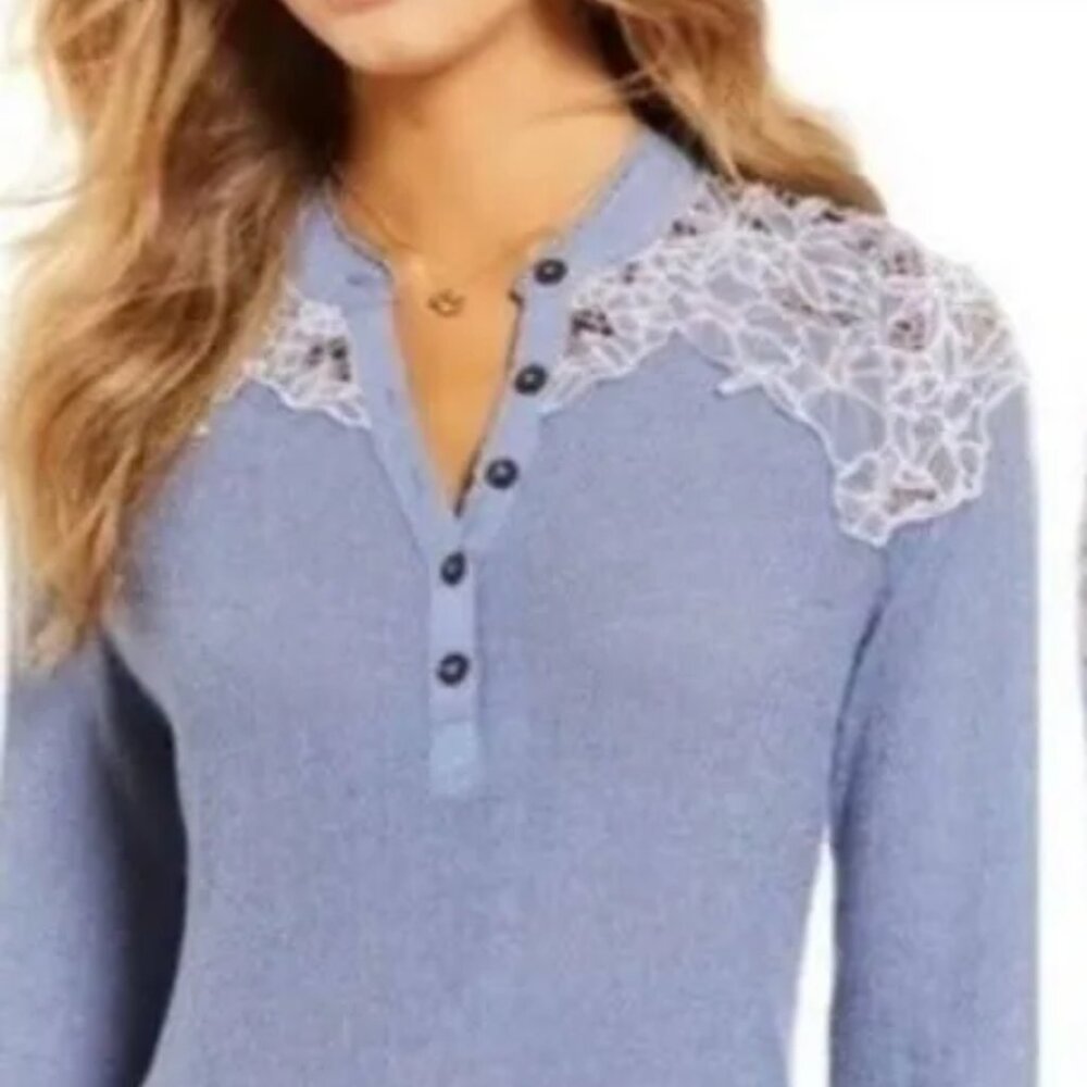 Free People Easy Breezy Just Dusk Appliqué Lace Henley Shirt
